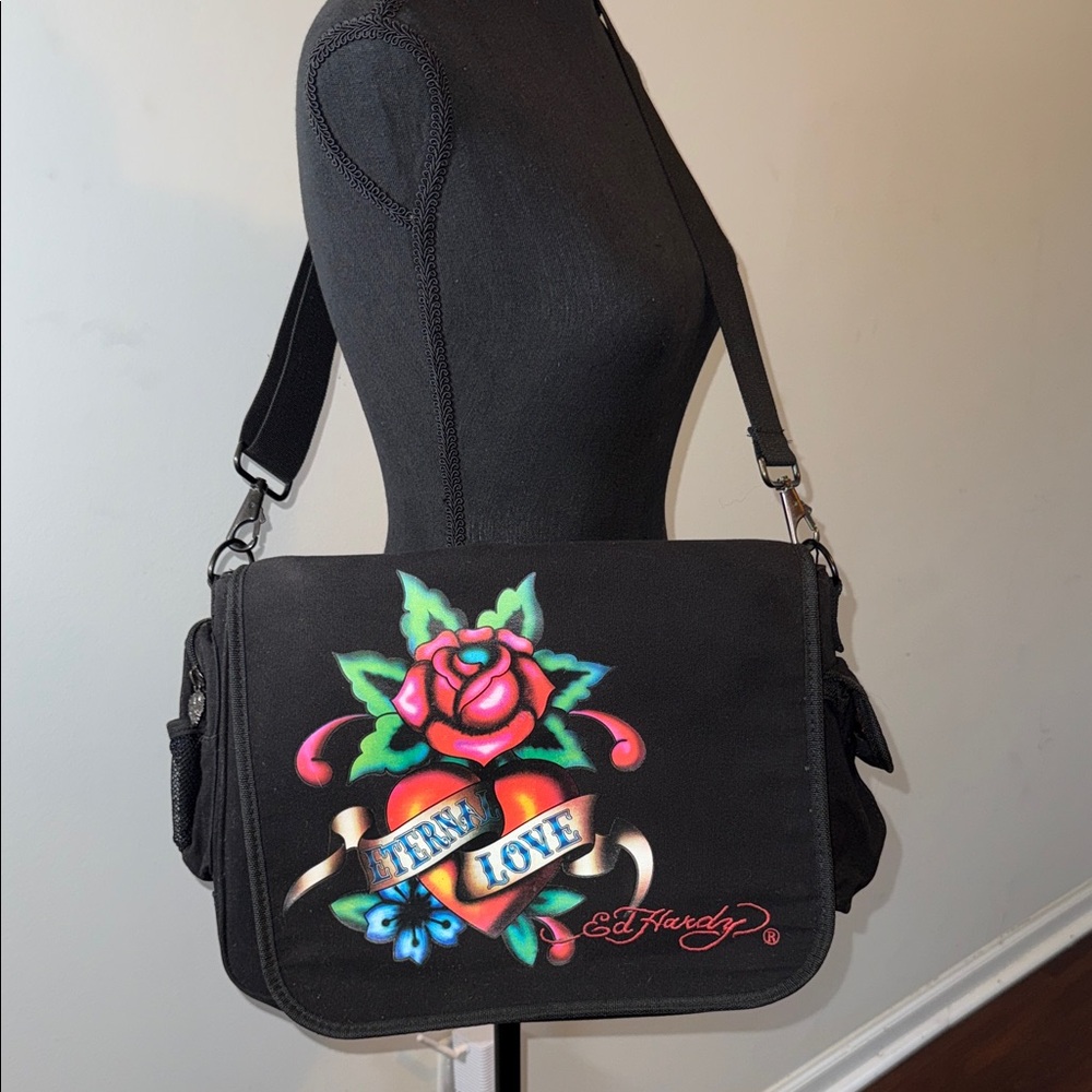 Ed Hardy Black Crossbody Bag with Rose Tattoo Design